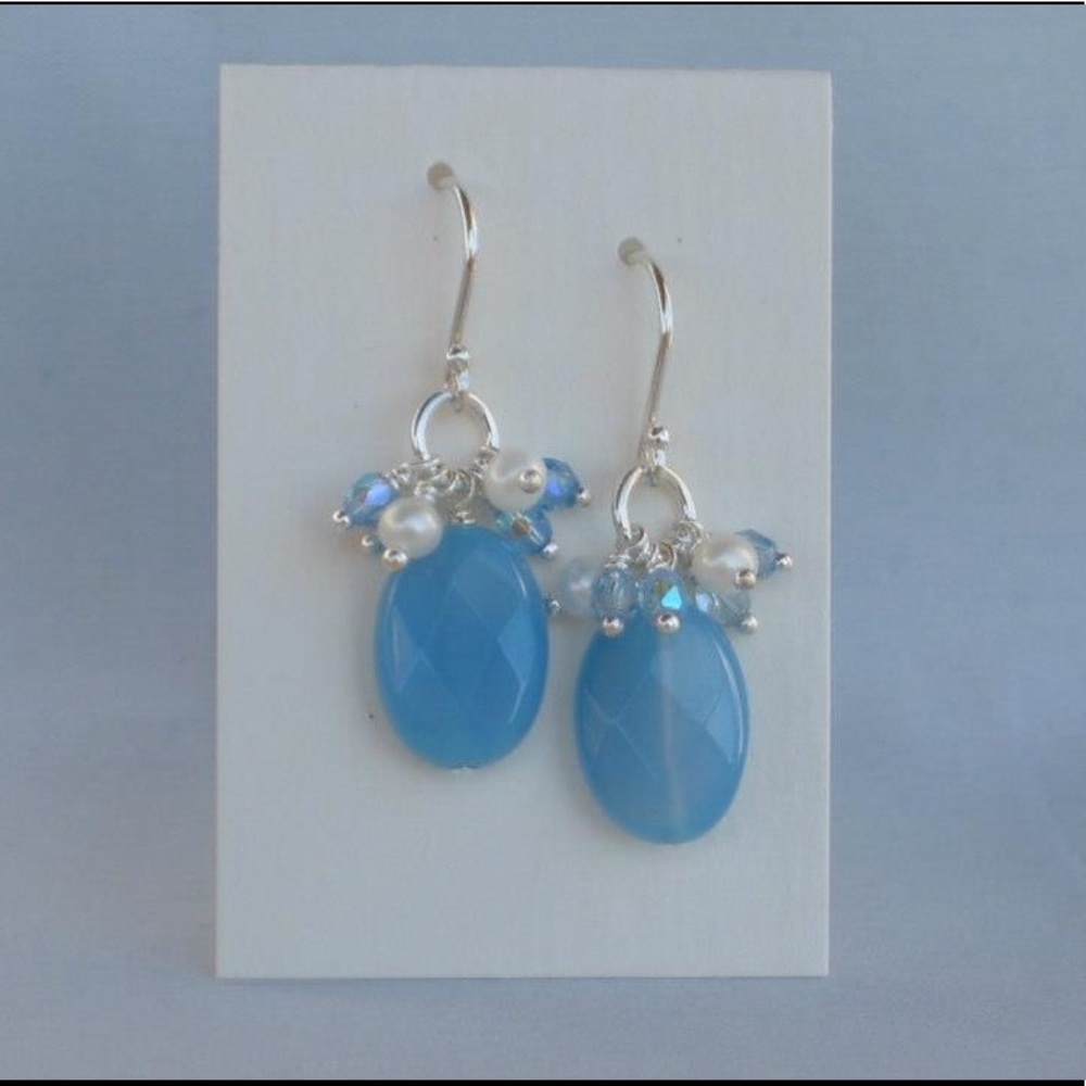 Handmade blue agate and pearl dangle earrings
